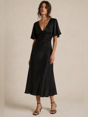 Black Satin Bias Cut Midi Slip Dress Ruched Front Angel Sleeve  NWT